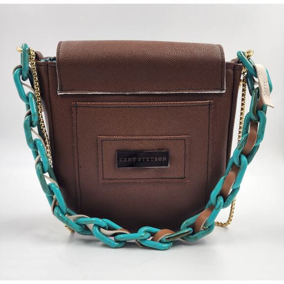 KENT STETSON Purse Chunky Turquoise Chain Gold Crossbody Strap Brown Leather - Picture 3 of 10